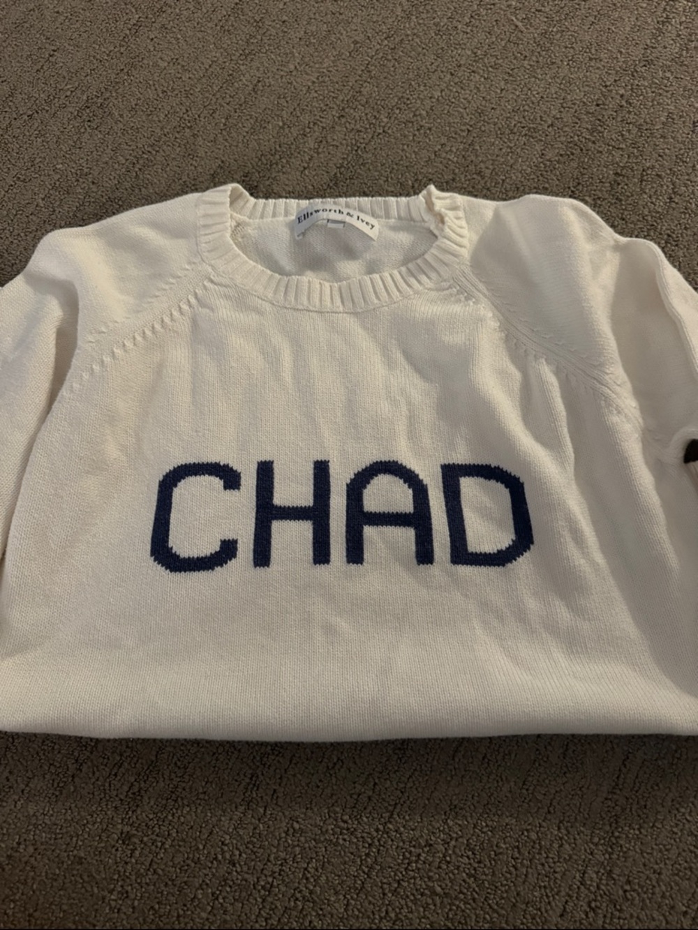 Ellsworth & Ivey Cream Crewneck Sweater with Navy 'CHAD' Knit